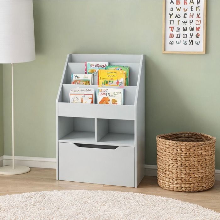 Étagère bibliothèque enfant gris classique MDF 60x29 9x90 cm avec tiroir 3 niveaux et 2 niches ouvertes