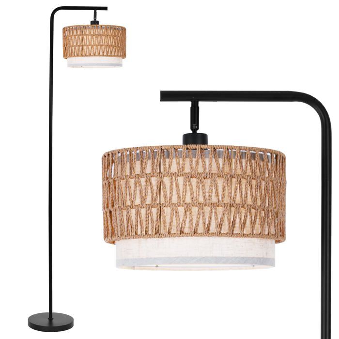 Lampadaire Rotin Bohème pour Salon Lampe sur Pied de Vintage Rustique E27 pour Chambre Double Abat-jour 173cm Hauteur Noir Ba