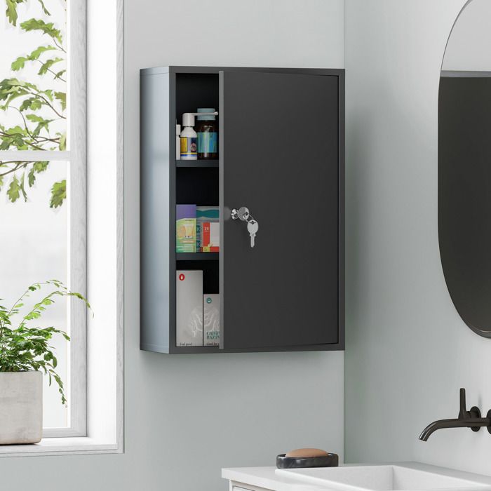 Armoire à pharmacie murale - 40 x 18 x 60 cm - Verrouillable (2 clés) - 3 étagères - Métal gris résistant