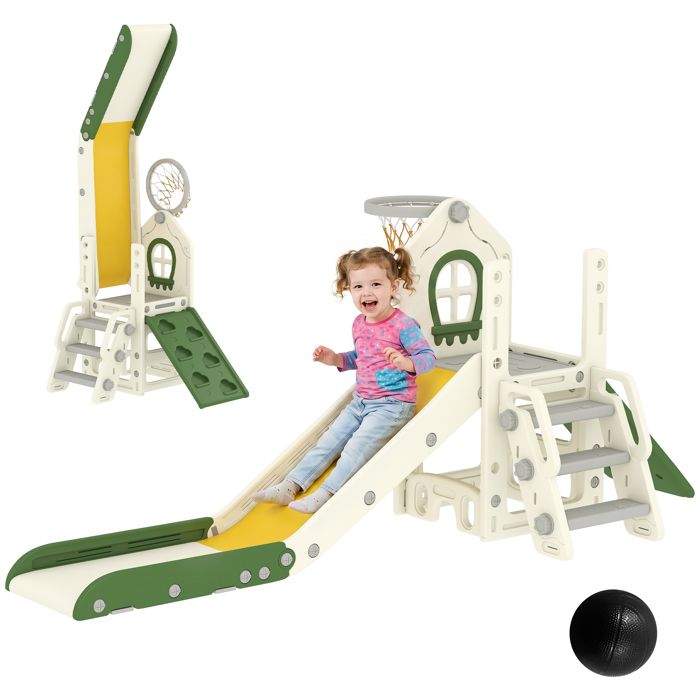 Toboggan pour enfant - AIYAPLAY - pliable - 5 en 1 - escalade panier de basket et ballon - plastique - 191x100x 84cm - crème
