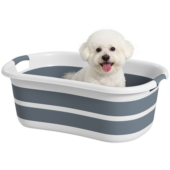 Baignoire pour Chien Pliable et Portable avec Trou de Drainage pour Petits Chiens et Chiots Gris Blanc 66x44x25 cm