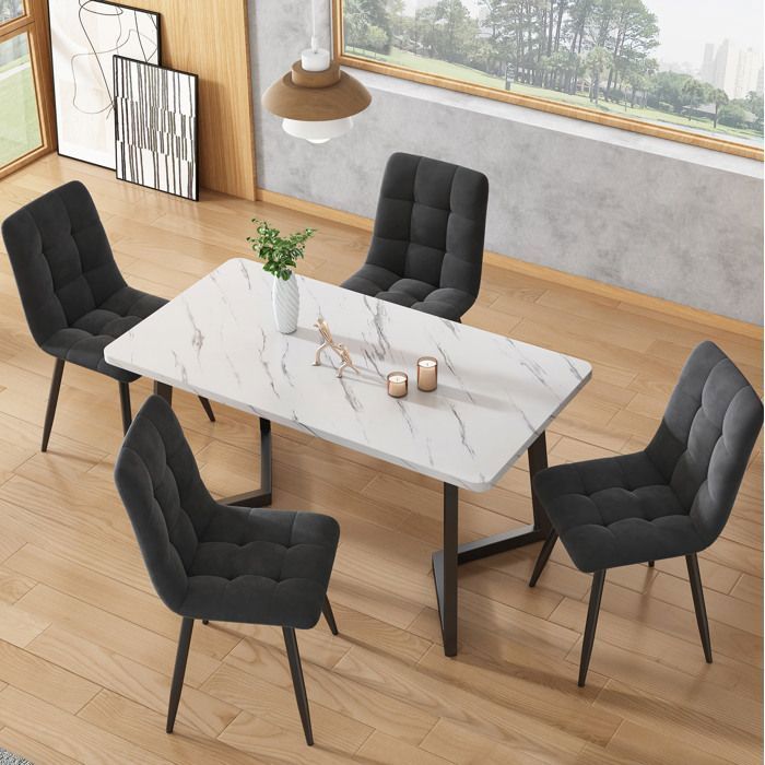 WUVRIE Table à manger rectangulaire 117 x 68 x 75 cm plateau MDF aspect marbre pieds en métal noir