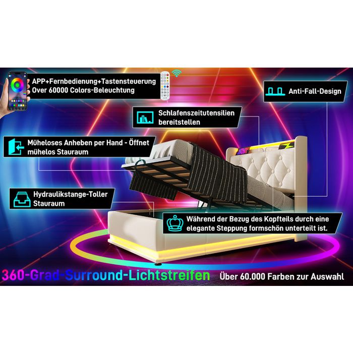 HOMVRA Lit coffre 90x200 cm avec matelas LED 360° USB et Type-C tête de lit capitonnée PU blanc