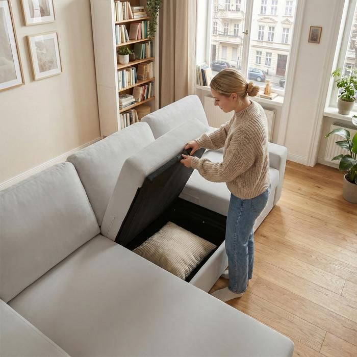 Canapé dangle convertible - MINIMAL - 245 5 cm - Coffre 4 compartiments - Velours côtelé gris clair - Ottoman réversible Canapé dangle convertible - MINIMAL - 245 5 cm - Coffre 4 compartiments - Velours côtelé gris clair - Ottoman réversible