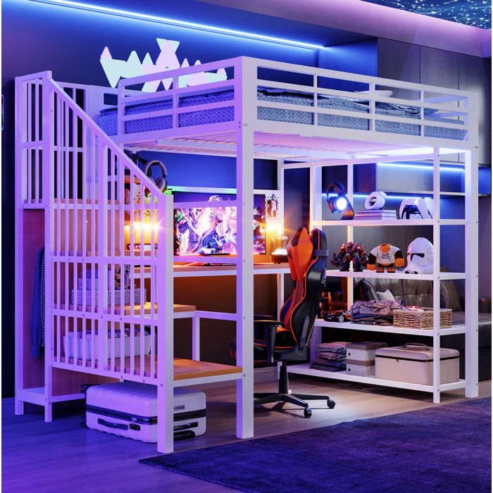 ROVRYN Lit mezzanine 140 x 200 cm avec bureau integre escalier de rangement LED prises europeennes metal bois blanc