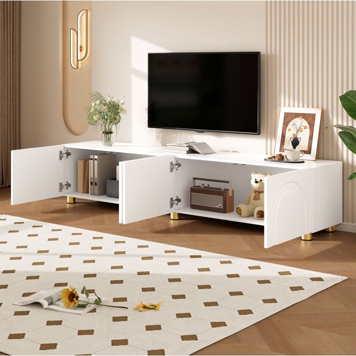 Meuble TV 4 Portes Blanc Lowboard Minimaliste FloraGrace Pour Salon Facile A Assembler 180x35x40cm