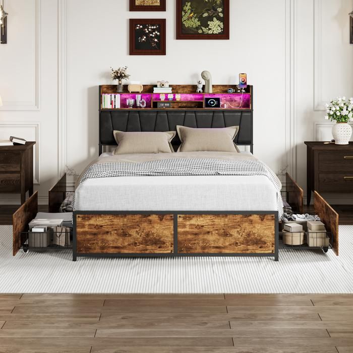 ADWOLT Lit double 140x200 avec 4 tiroirs lit en métal avec USB et LED lit pour adolescent avec sommier à lattes PU noir
