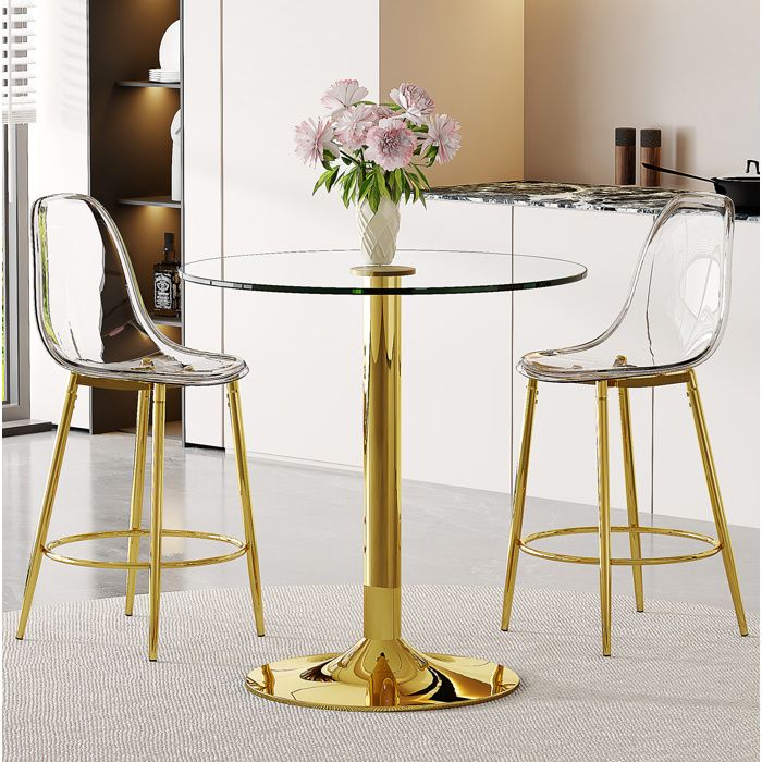 Ensemble table et chaises de bar avec 1 table ronde et 2 tabourets pour cuisine ouverte verre PET et métal doré et transparent