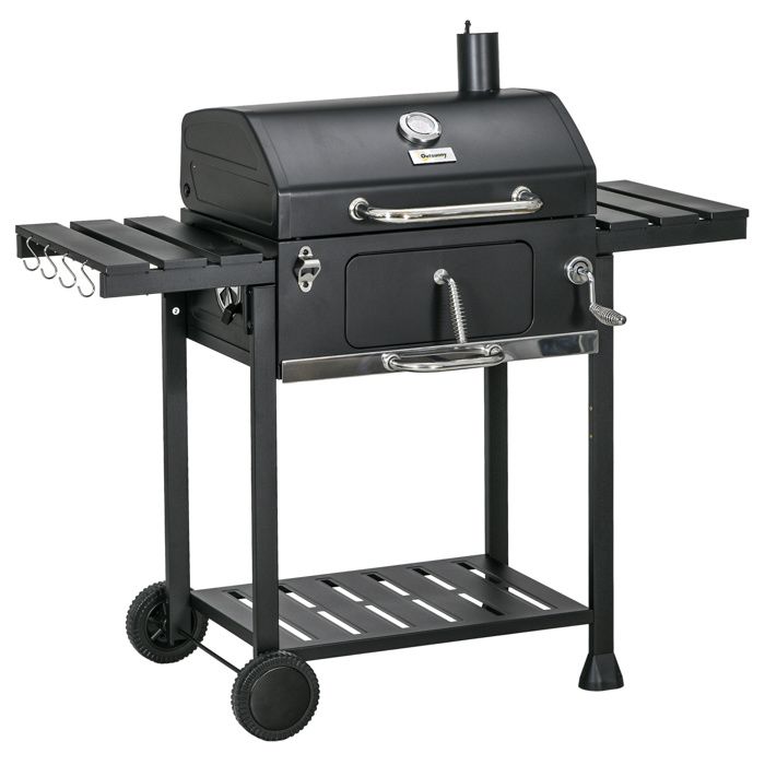 Barbecue au charbon sur chariot avec couvercle thermomètre intégré 2 grilles inox noir
