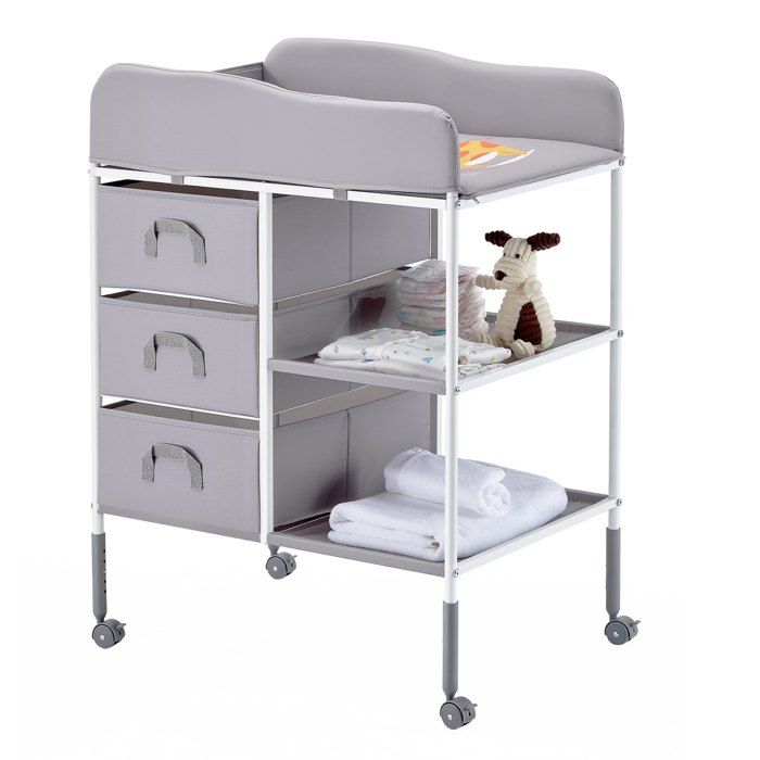 Table à langer portable 3 tiroirs en tissu roulettes verrouillables hauteur réglable gris pour chambre bébé avec rangement