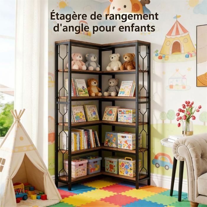 Bibliothèque dAngle 7 Niveaux en Bois et Métal Noir Étagère Coin Design avec Rangement pour Salon Chambre Bureau