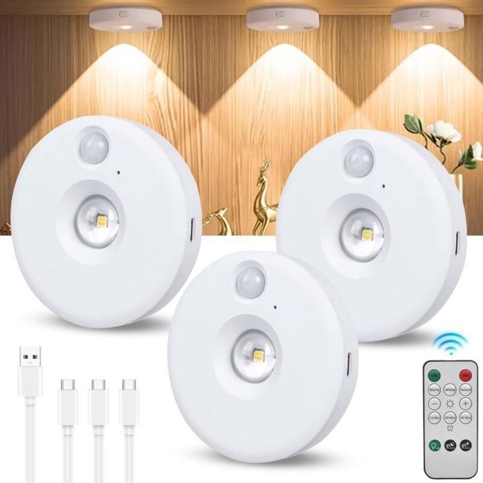 Ensemble de 3 spots LED sans fil avec télécommande alimentés par batterie rechargeable et à intensité variable magnétique pour ar
