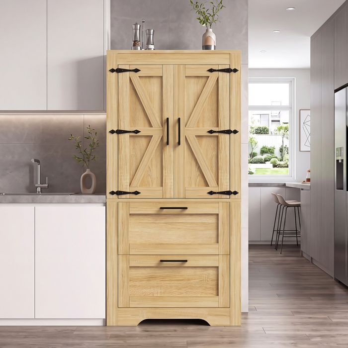 Buffet de cuisine style grange 60 x 30 x 128 cm avec 2 tiroirs étagères réglables finition bois naturel ORVRYN