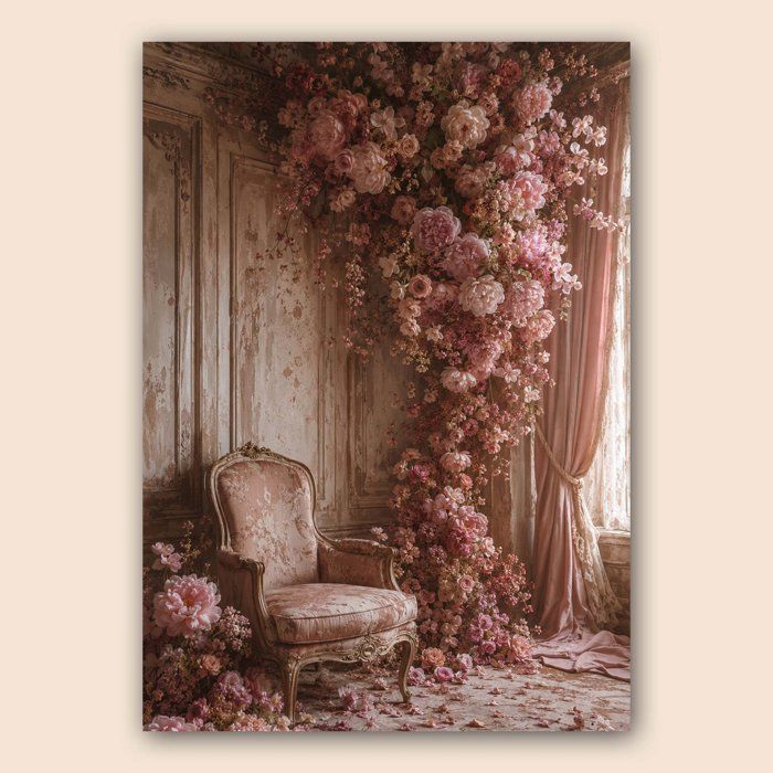 Affiche fauteuil fleuri A3 romantique - Poster déco fleurs et rose décoration murale chic - Papier épais