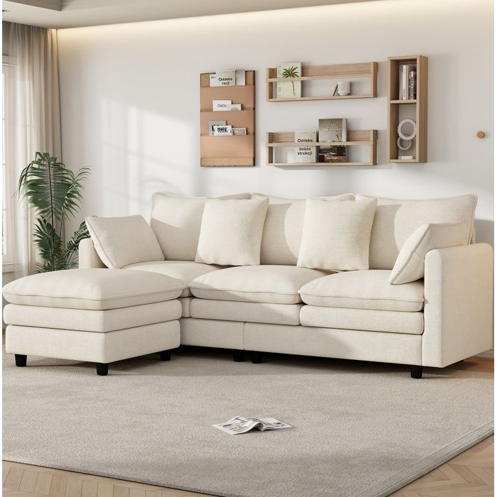 Maisentiel Canapé d’angle modulable 3 places en chenille beige réversible 212 x 150 x 90 cm 4 coussins