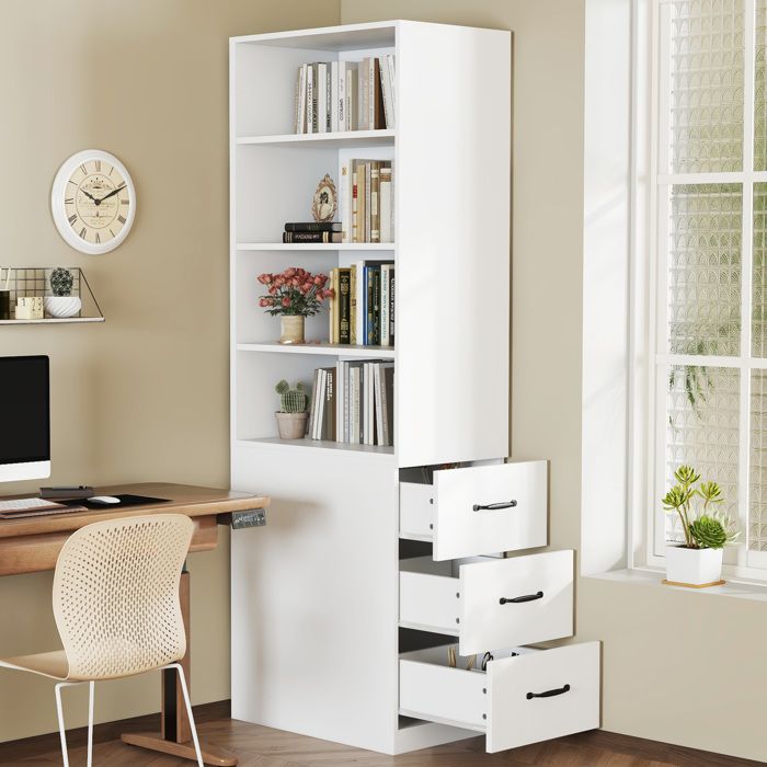 Bibliothèque blanche 60 x 38 x 180 cm 3 tiroirs latéraux 4 niches ouvertes étagères réglables