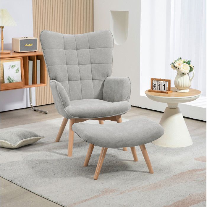 Fauteuil à oreilles de relaxation avec ottomane gris en polyester pieds en bois de hêtre montage facile FOLYNA
