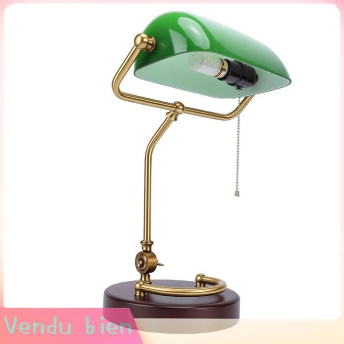 Lampe de Banquier Vintage Lampe de Table en Verre Vert Rotatif à 350 Degrés avec Base en Bois pour Chambre à Coucher et Salon