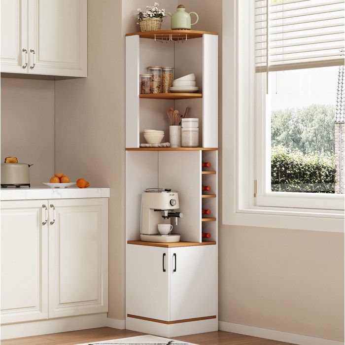 Meuble bar dangle gain de place avec porte-verres et 4 casiers - TCQPZ - sur pied en MDF blanc 40 × 40 × 182 cm