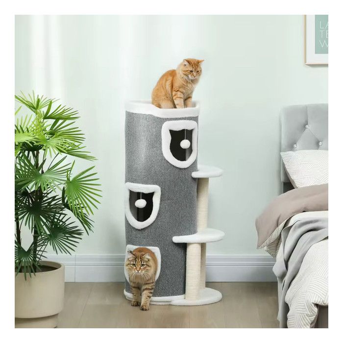 Tour arbre à chat 101 cm 4 niveaux avec griffoirs sisal 3 niches 2 plateformes lit haut gris
