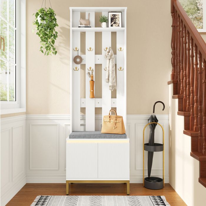 Vestiaire d’entrée blanc mat 60 cm avec banc rembourré meuble à chaussures 2 portes et LED