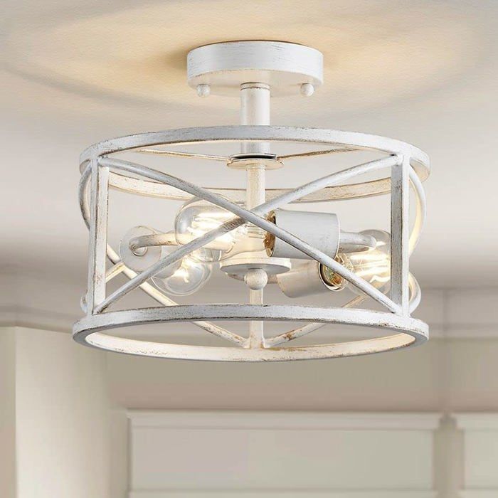 Lustre - GENERIQUE - Moderne - 3 lampes E27 - Semi-affleurant cage métal - Blanc 24x30 cm