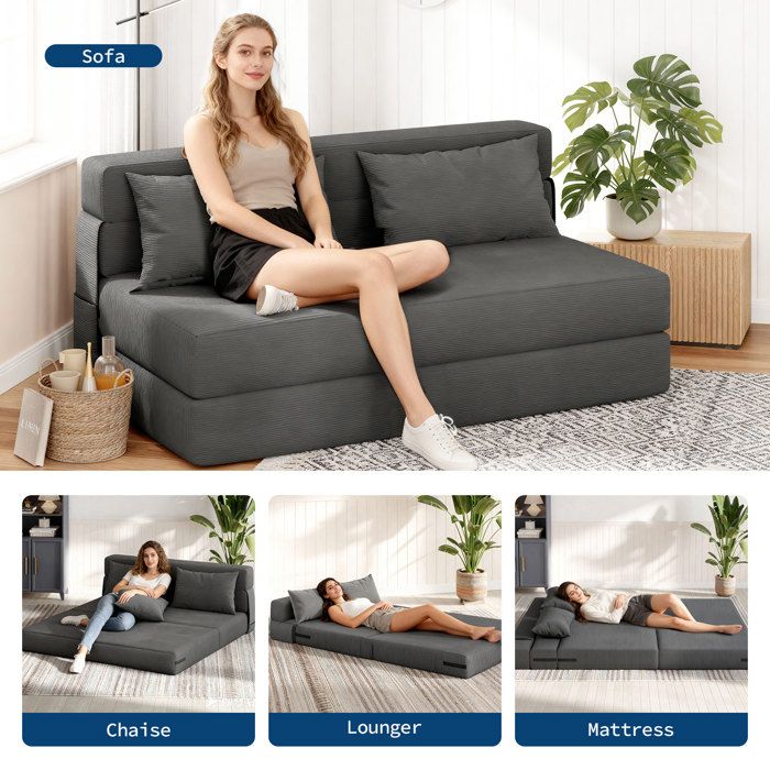 JoyGarden Canapé d’angle convertible pliable sans montage –moderne 4 panneaux – Matelas en mousse à mémoire et coussin – Gris foncé