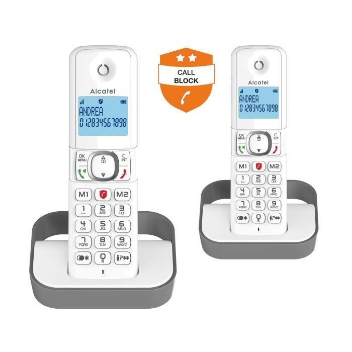 Téléphone sans fil Alcatel Pack Duo F 860 Duo avec fonction blocage des appels publicitaires blanc gris