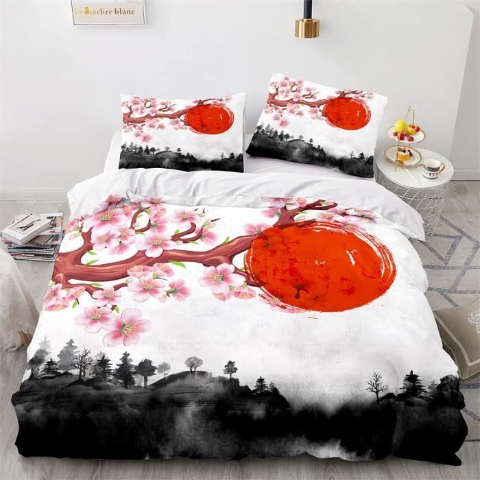 Housse De Couette Fleur De Cerisier Rose Parure De Lit Respirant Housse De Couette+ 2 Taie D