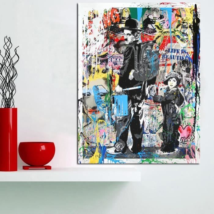 Iooie Tableau Toile Impression Charlie Chaplin Jouant Du Violon - Affiche Décor Famille Moderne 50x70cm Sans Cadre