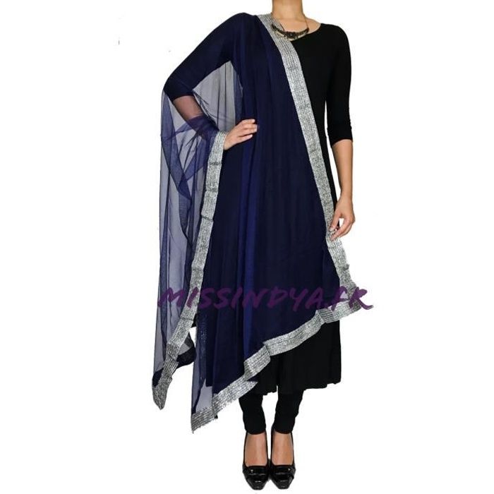 Foulard Chale Etole Dupatta Bleu marine et argenté
