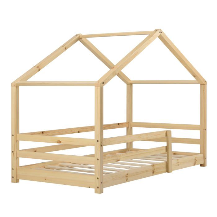 Lit cabane maison pour enfant avec barriere et sommier a lattes bois de pin naturel 160 x 80 cm 03_0005525 Lit cabane maison pour enfant avec barriere et sommier a lattes bois de pin naturel 160 x 80 cm 03_0005525