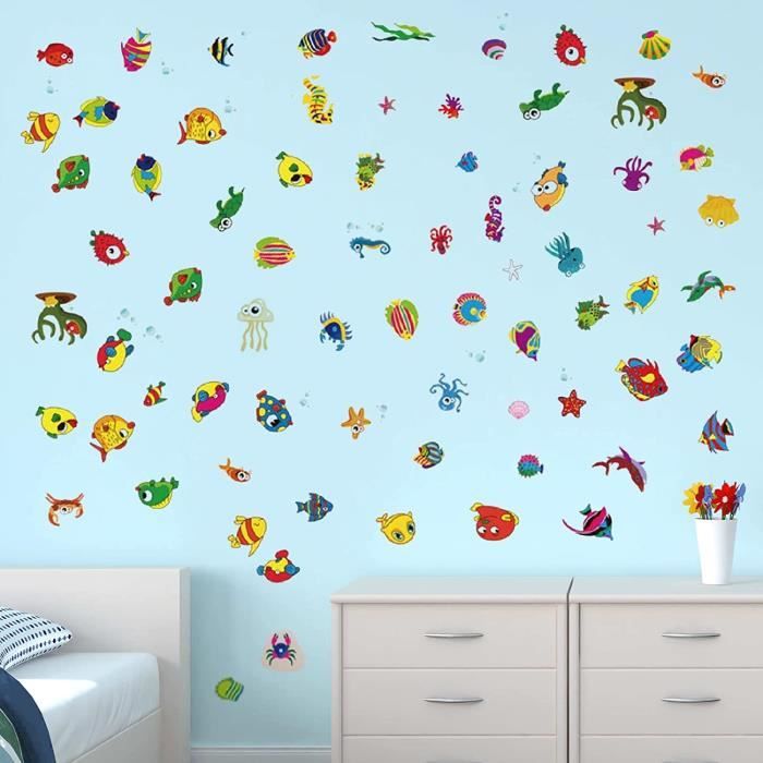 Stickers Muraux Déco Chambre Enfant - Thème Poissons Et Vie Océan, Couleurs Vives - Décor Amovible Vinyle