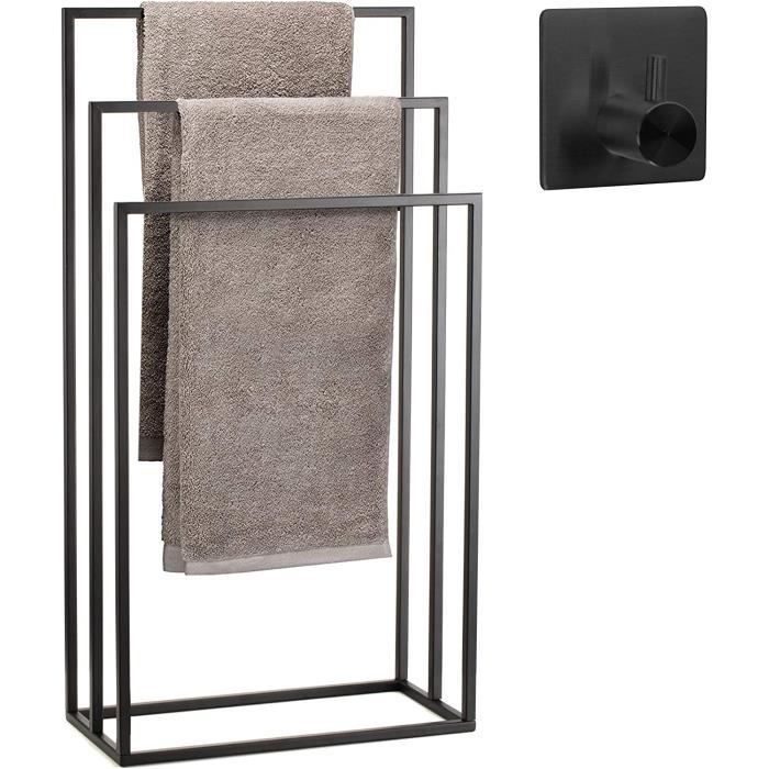 Porte-serviettes Sur Pied 3 étages - Acier Noir, 90 Cm, Base Lourde, Pour Salle De Bain Ou Salon