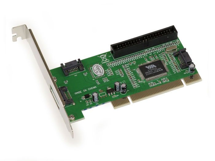 Carte PCI 3 ports SATA et 1 port IDE. Montage indépendant ou en RAID 0 1 0+1 JBOD. Avec Chipset Via VT6421