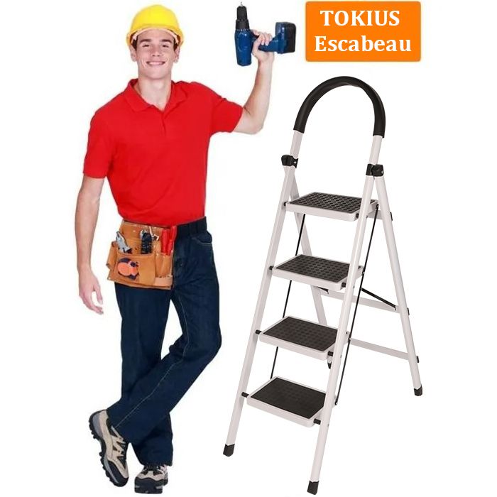 TOKIUS Escabeau Pliable à 4 Marches en Aluminium Échelle Marche pied