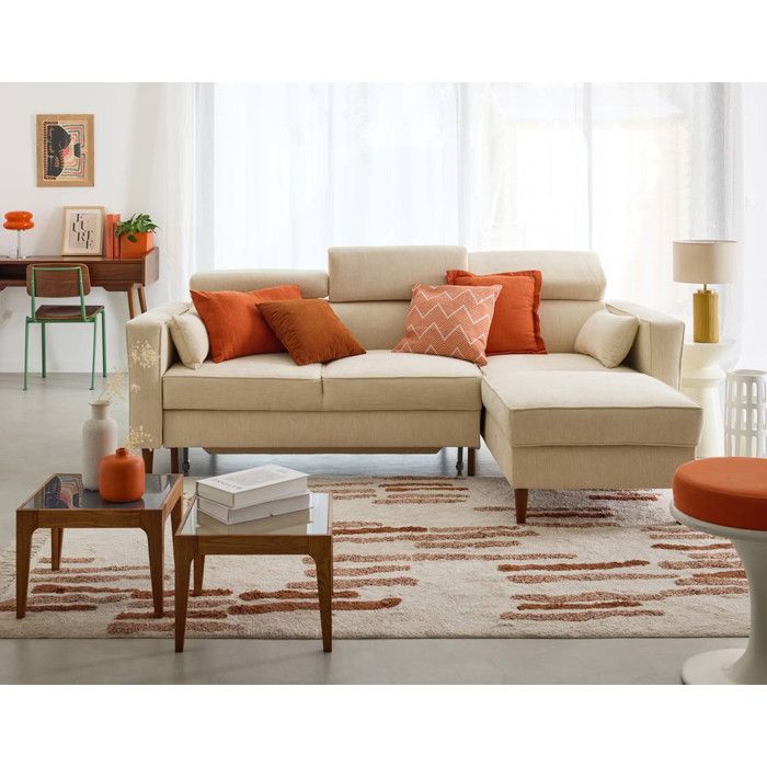 Alicante - canapé dangle réversible convertible avec têtières - coffre - 4 places - en tissu texturé - Beige