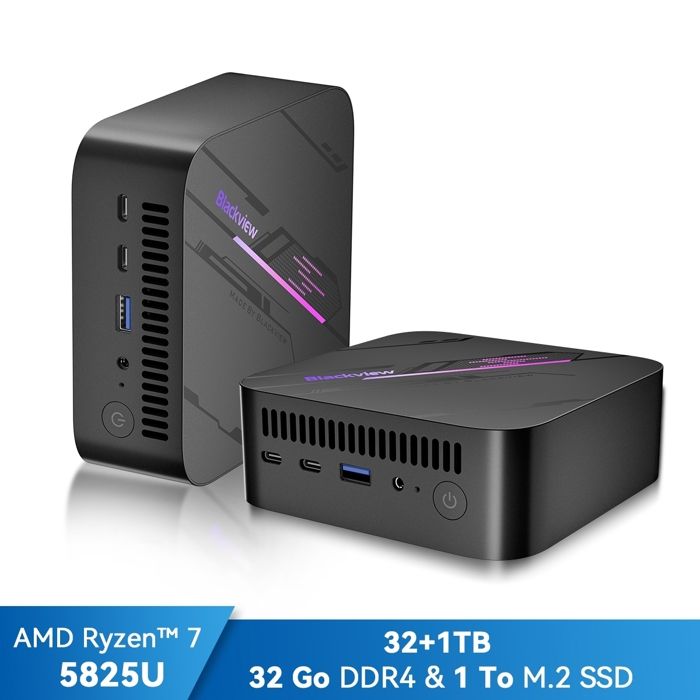 Mini PC Blackview MP100 AMD Ryzen™ 7 5825U 4.5GHz Max 32 Go 1 To-SSD 2To Windows 11 Pro Wifi 6 4K UHD Display NETFLIX – Gris