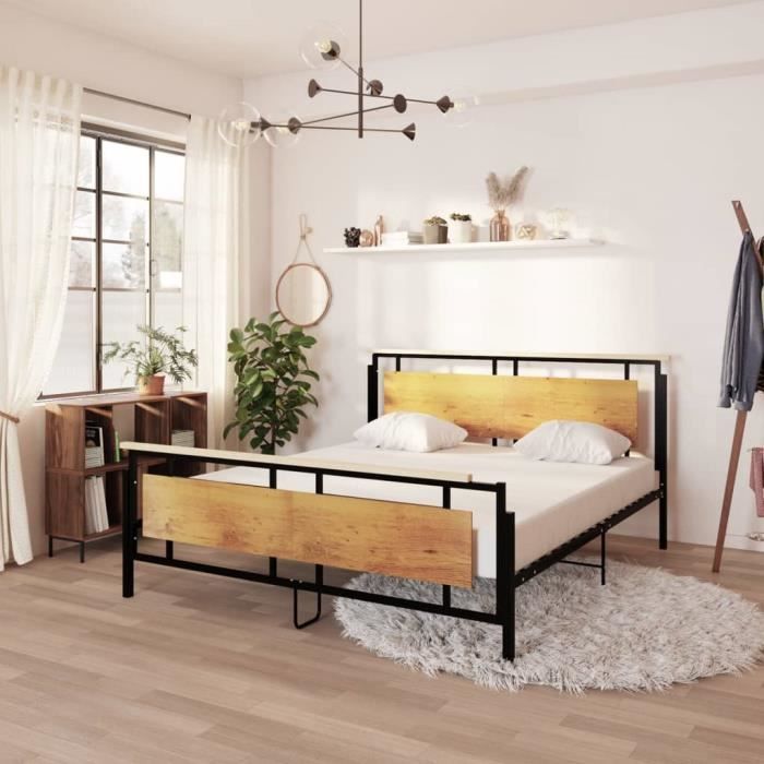 Cadre de lit - ESTINK - AB324874 - Métal noir - 180x200 cm - Chêne massif et MDF