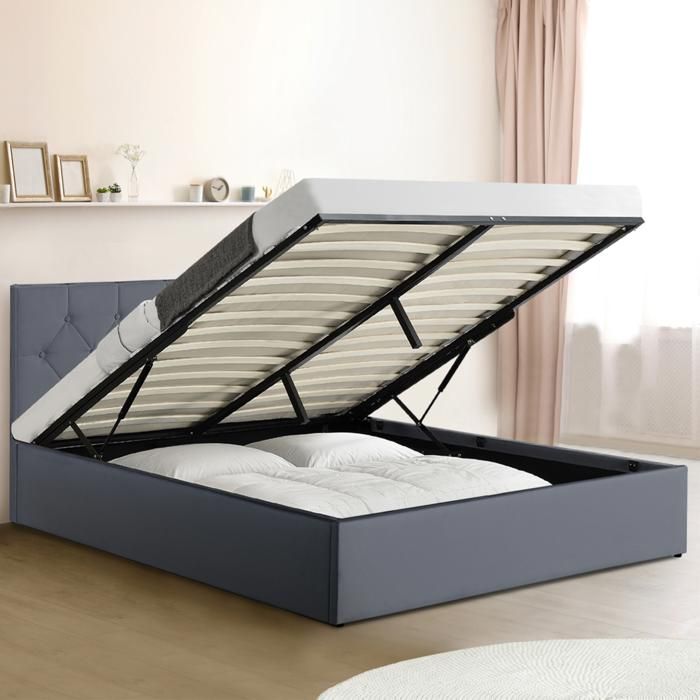 IDMARKET Lit coffre double AUSTIN avec tête de lit et sommier 160 x 200 cm PVC gris