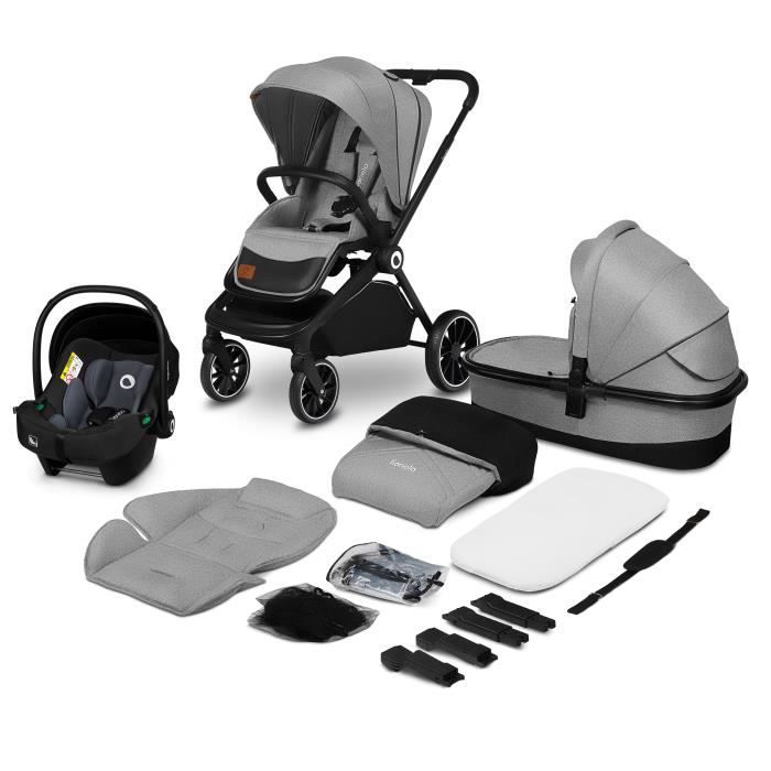 LIONELO Amber - Poussette bébé 3en1 - Jusqu'à 22Kg - Inclu nacelle, cosy,  siège auto, sac et accessoires - iSize - Gris