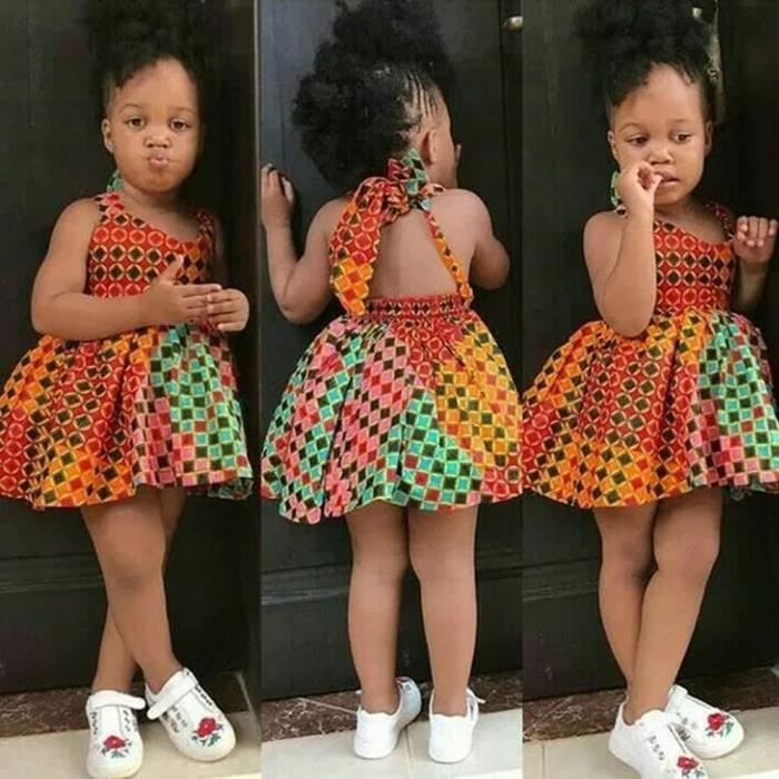 1-5 Ans Bébé Enfant Fille Vêtements d'Été Robe Dos Nu Orange à Bretelles de Style Bohème Africain