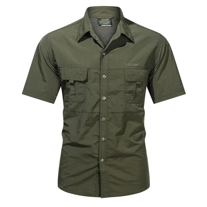 Chemise Exterieur Homme Manches Courtes Avec Poches Chemise Militaire  Couleur Unie Vert army