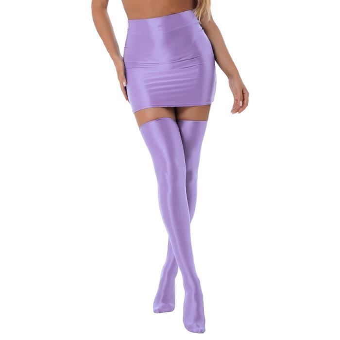 IEFIEL Femme Mini Jupe Moulante Brillant avec Bas de Cuisse Chaussettes Metallique Wetlook Jupe Crayon Clubwear M XL Violet Cdiscount Pret a Porter