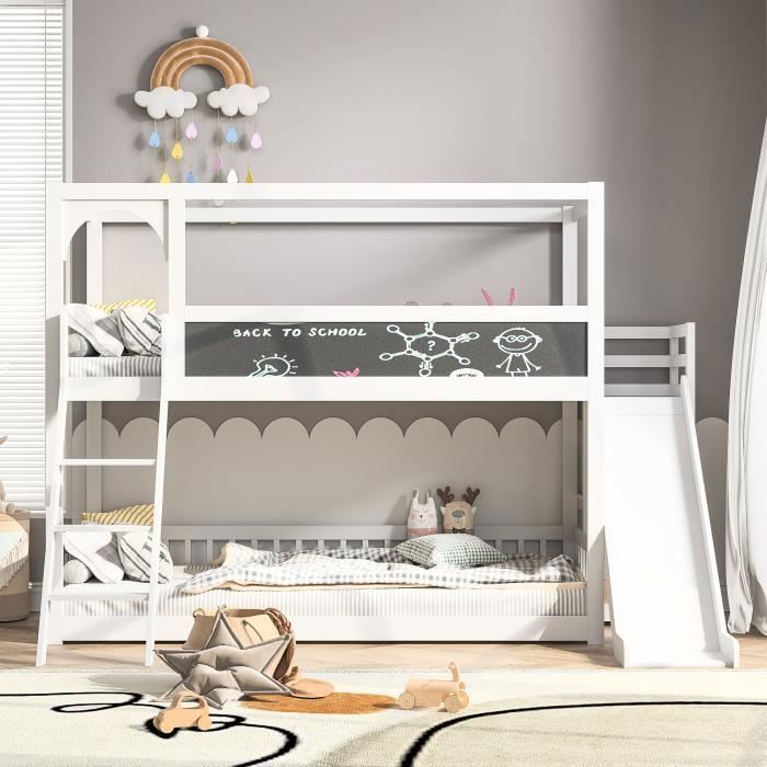 Lit Mezzanine Enfant 90x200 Cm Homestyle4u - Gris Avec Toboggan Et Sommier à Lattes