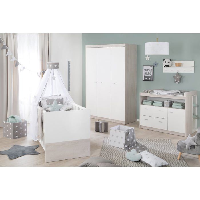 ROBA Chambre B&eacute;b&egrave; Compl&egrave;te ""Julia"" - Lit 70x140 + Commode &agrave; langer + Armoire 3-portes - Bicolore