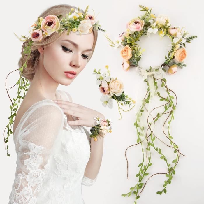 Bandeau halo de mariage avec fleurs perlées : couronne de diadème de mariée - France