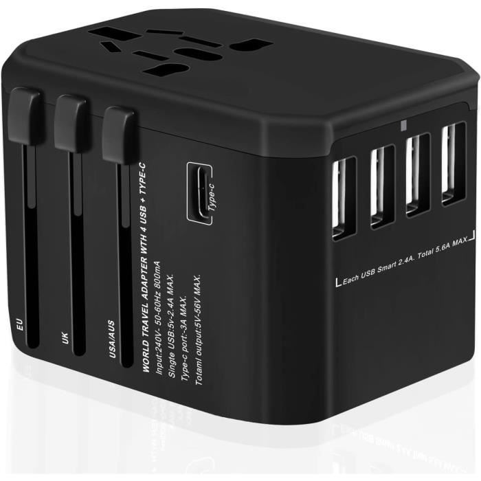 Adaptateur De Voyage Universel EYMUOBC - 2 USB + 2 USB-C + Prise AC - Compatible 224 Pays - Compact Et Sécurisé