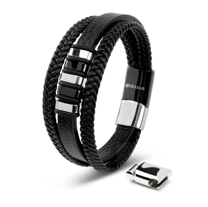 Bracelet en Cuir pour Homme SERASAR B016-23 Argent Bijoux de bracelet élégants cadeau danniversaire parfait pour mari ou ami