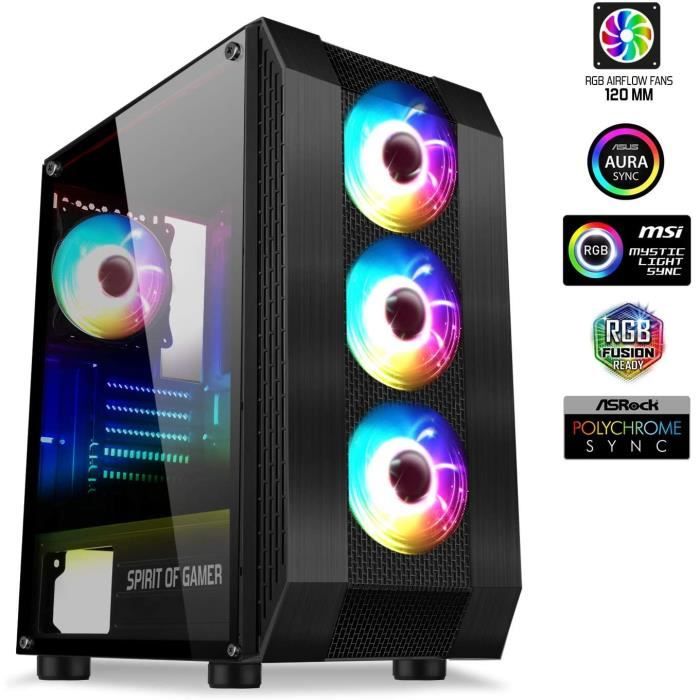 SPIRIT OF GAMER BOITIER PC ROGUE VI - Gamer - 4 Ventilateurs LED ARGB - MSI MYSTIC - ASROCK 3Pin - Noir - Verre trempé - Format ATX